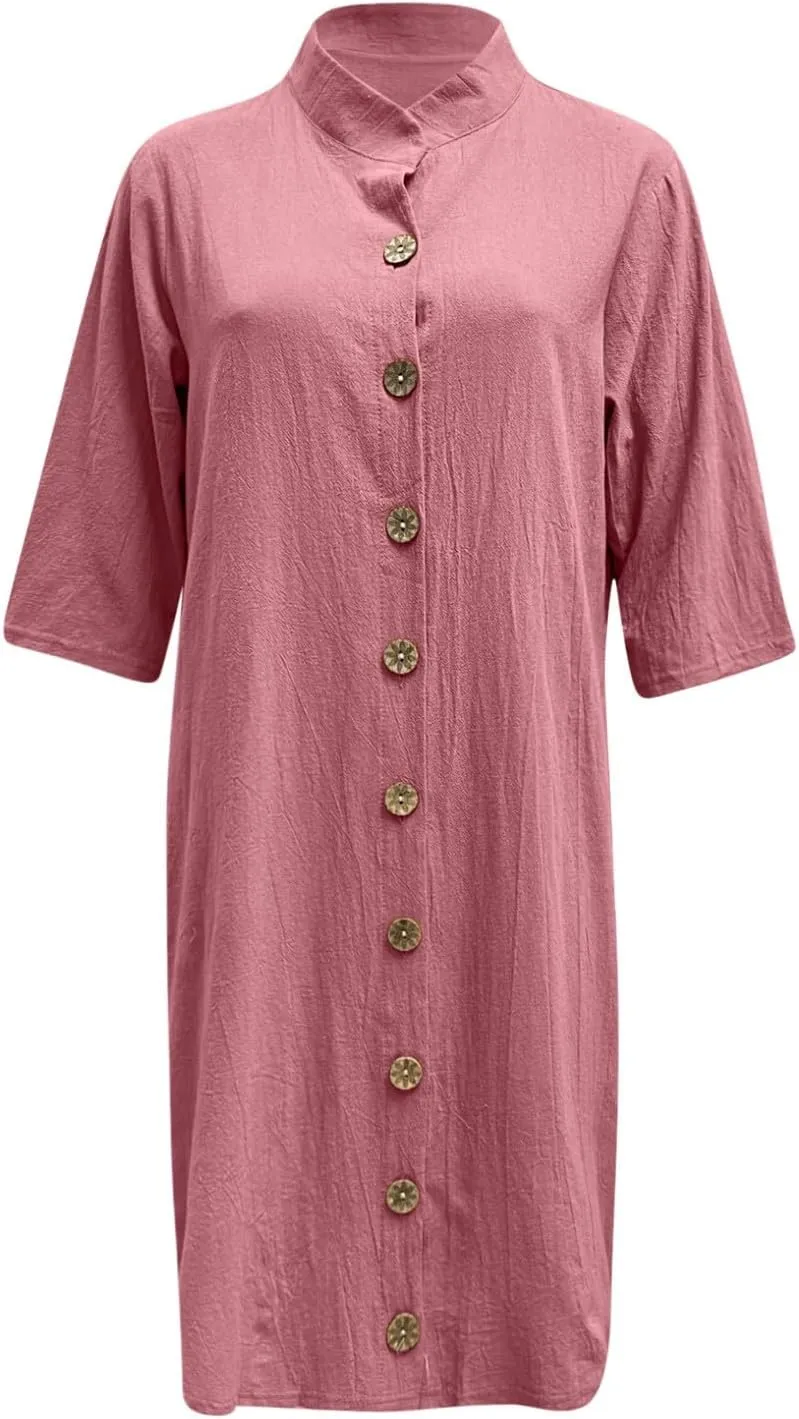 Womens Summer Midi Shirt Dresses Button Down 1/2 Sleeve Lapel Casual Cotton Linen T Shirt Dress