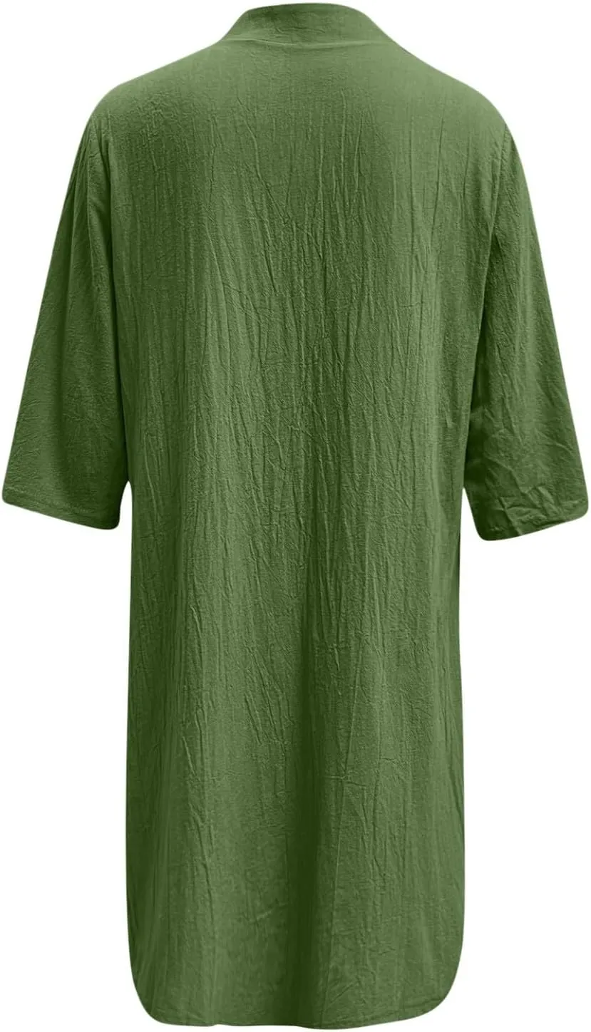 Womens Summer Midi Shirt Dresses Button Down 1/2 Sleeve Lapel Casual Cotton Linen T Shirt Dress