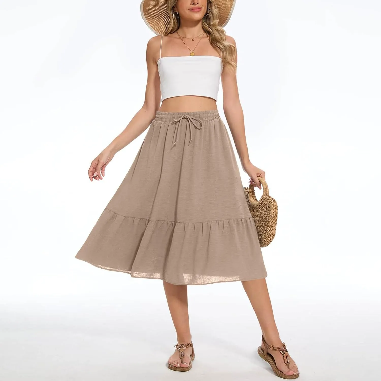 Women's Summer Skirt Fashion Tiered Flowy Skirts with Pockets Casual Solid Drawstring Waist Ruffle Hem Short Skirt