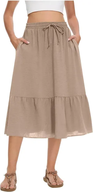 Women's Summer Skirt Fashion Tiered Flowy Skirts with Pockets Casual Solid Drawstring Waist Ruffle Hem Short Skirt