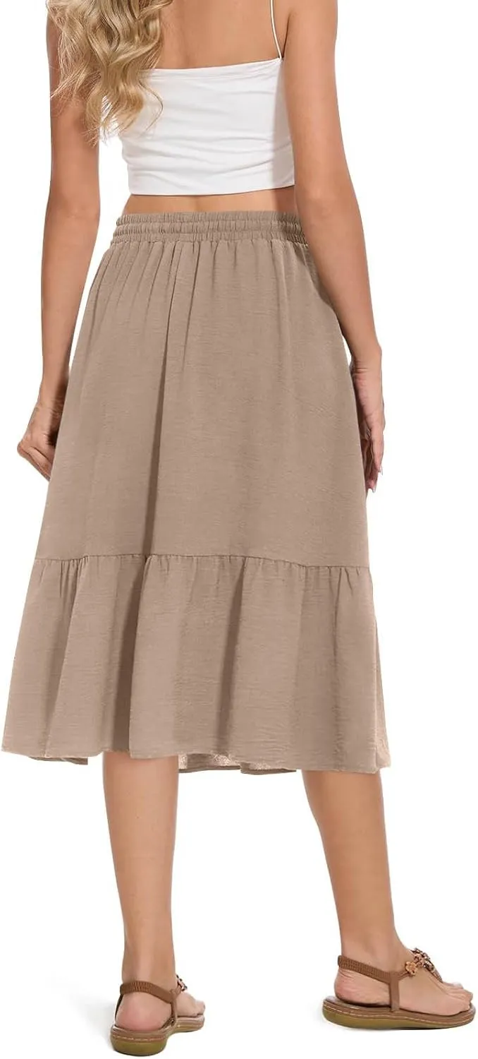 Women's Summer Skirt Fashion Tiered Flowy Skirts with Pockets Casual Solid Drawstring Waist Ruffle Hem Short Skirt