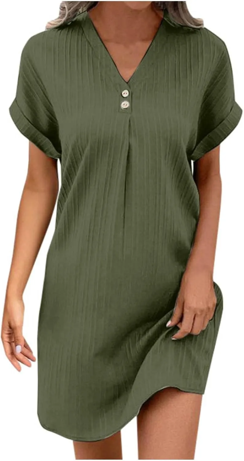 Women's Summer Sundress Short Sleeve V Neck Pullover Midi Dresses Button Down Shirts Skirts Travel Vacation Outfits