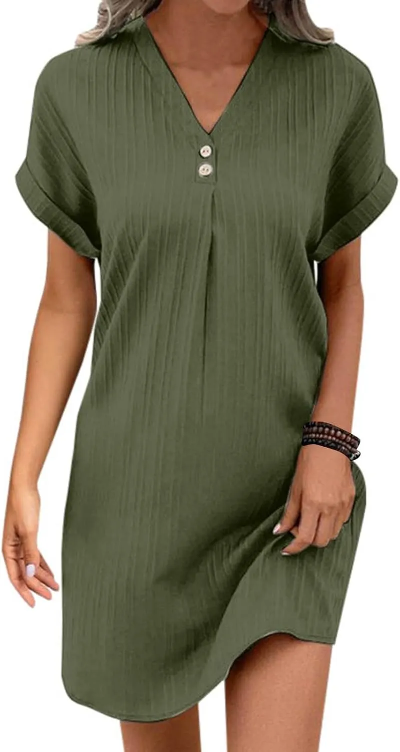 Women's Summer Sundress Short Sleeve V Neck Pullover Midi Dresses Button Down Shirts Skirts Travel Vacation Outfits