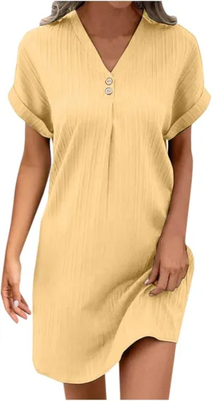Women's Summer Sundress Short Sleeve V Neck Pullover Midi Dresses Button Down Shirts Skirts Travel Vacation Outfits