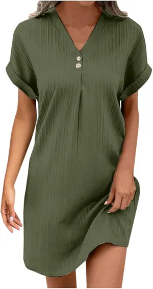 Women's Summer Sundress Short Sleeve V Neck Pullover Midi Dresses Button Down Shirts Skirts Travel Vacation Outfits