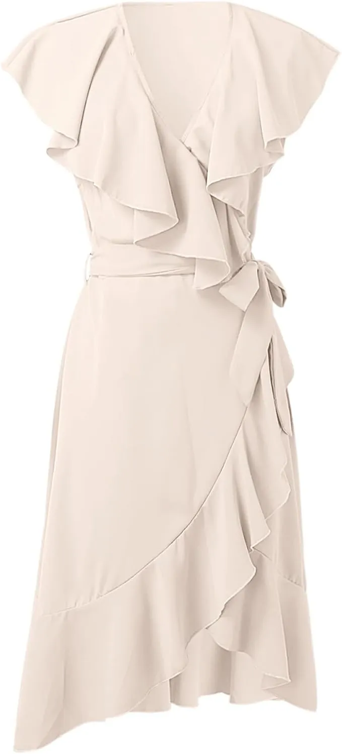 Womens Summer Wrap V Neck Split Party Dress Ruffle Short Sleeve Irregular Midi Dress with Belt