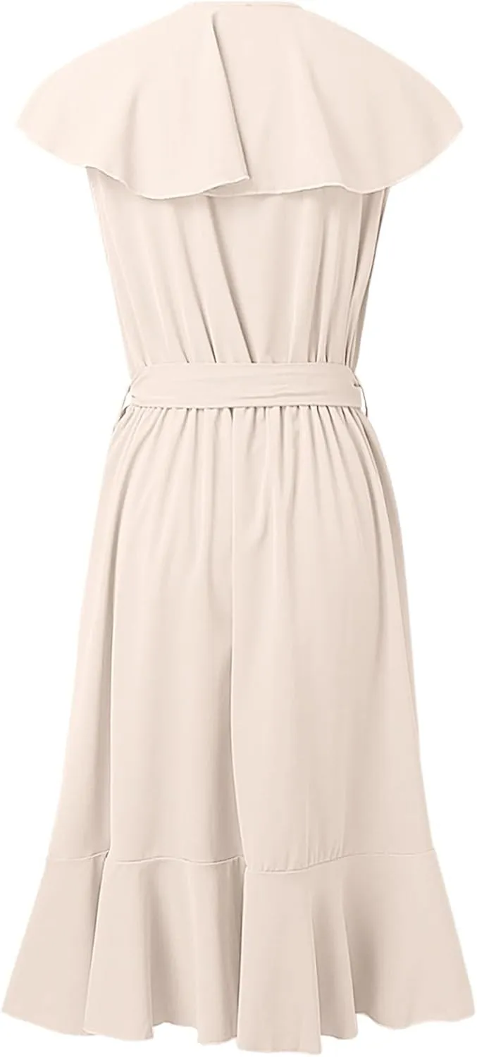 Womens Summer Wrap V Neck Split Party Dress Ruffle Short Sleeve Irregular Midi Dress with Belt