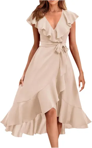 Womens Summer Wrap V Neck Split Party Dress Ruffle Short Sleeve Irregular Midi Dress with Belt