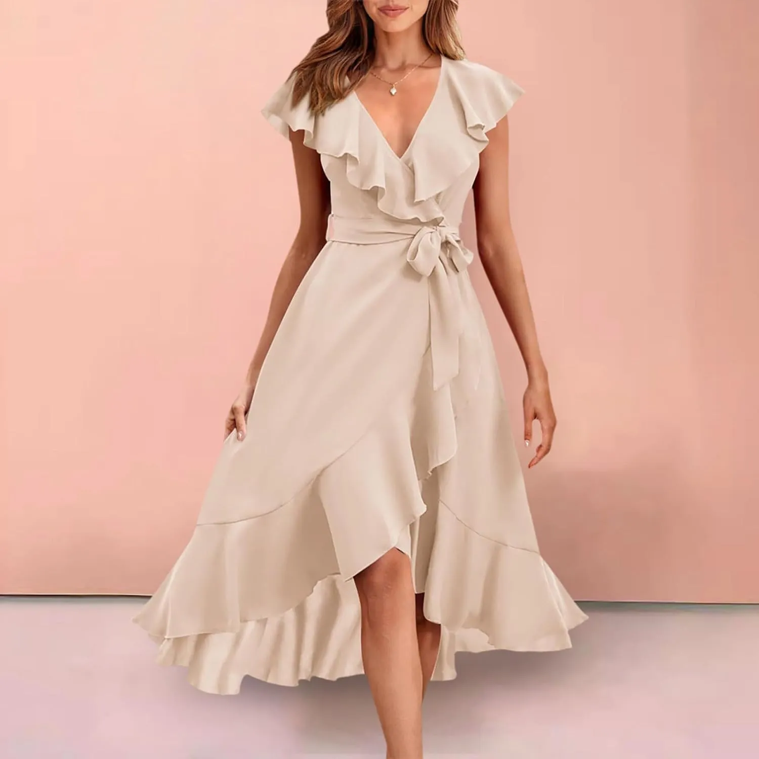 Womens Summer Wrap V Neck Split Party Dress Ruffle Short Sleeve Irregular Midi Dress with Belt