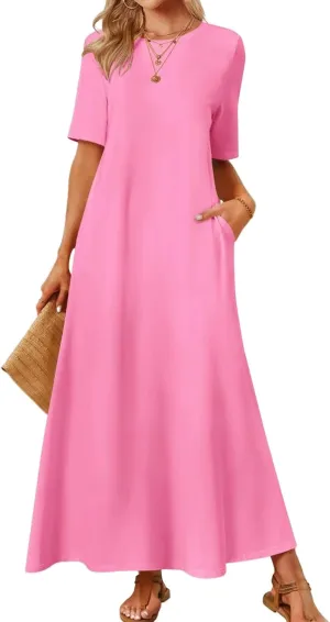 Women's T Shirt Dress Summer Casual Maxi Dress Long T Shirt Dresses Elegant Short Sleeve Round Neck Dresses with Pocket