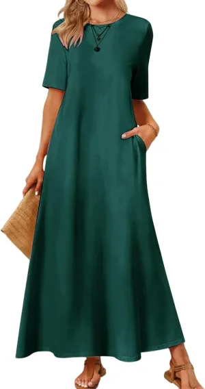 Women's T Shirt Dress Summer Casual Maxi Dress Long T Shirt Dresses Elegant Short Sleeve Round Neck Dresses with Pocket