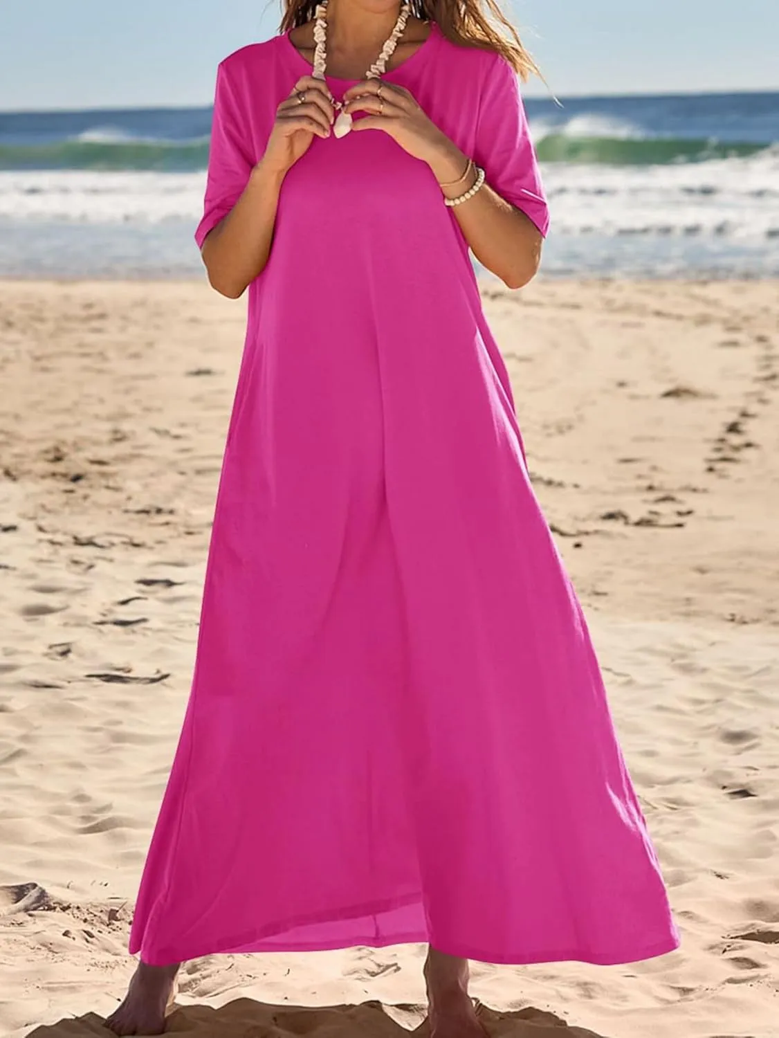 Women's T Shirt Dress Summer Casual Maxi Dress Long T Shirt Dresses Elegant Short Sleeve Round Neck Dresses with Pocket