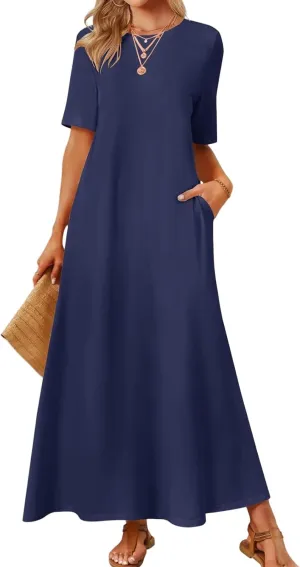 Women's T Shirt Dress Summer Casual Maxi Dress Long T Shirt Dresses Elegant Short Sleeve Round Neck Dresses with Pocket