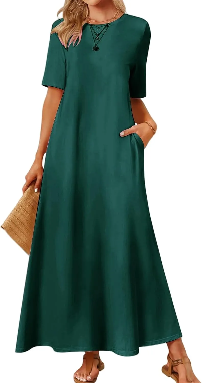Women's T Shirt Dress Summer Casual Maxi Dress Long T Shirt Dresses Elegant Short Sleeve Round Neck Dresses with Pocket