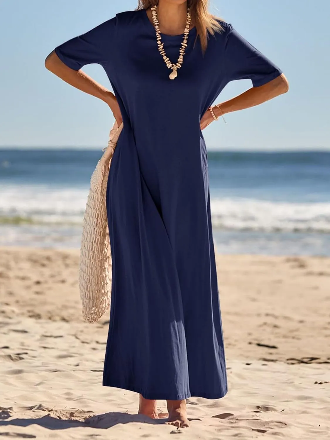 Women's T Shirt Dress Summer Casual Maxi Dress Long T Shirt Dresses Elegant Short Sleeve Round Neck Dresses with Pocket