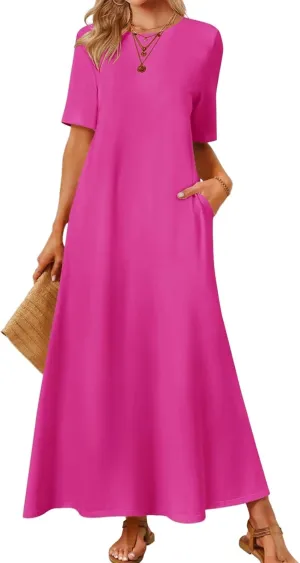 Women's T Shirt Dress Summer Casual Maxi Dress Long T Shirt Dresses Elegant Short Sleeve Round Neck Dresses with Pocket