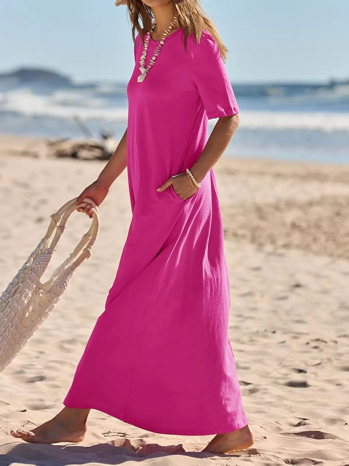 Women's T Shirt Dress Summer Casual Maxi Dress Long T Shirt Dresses Elegant Short Sleeve Round Neck Dresses with Pocket