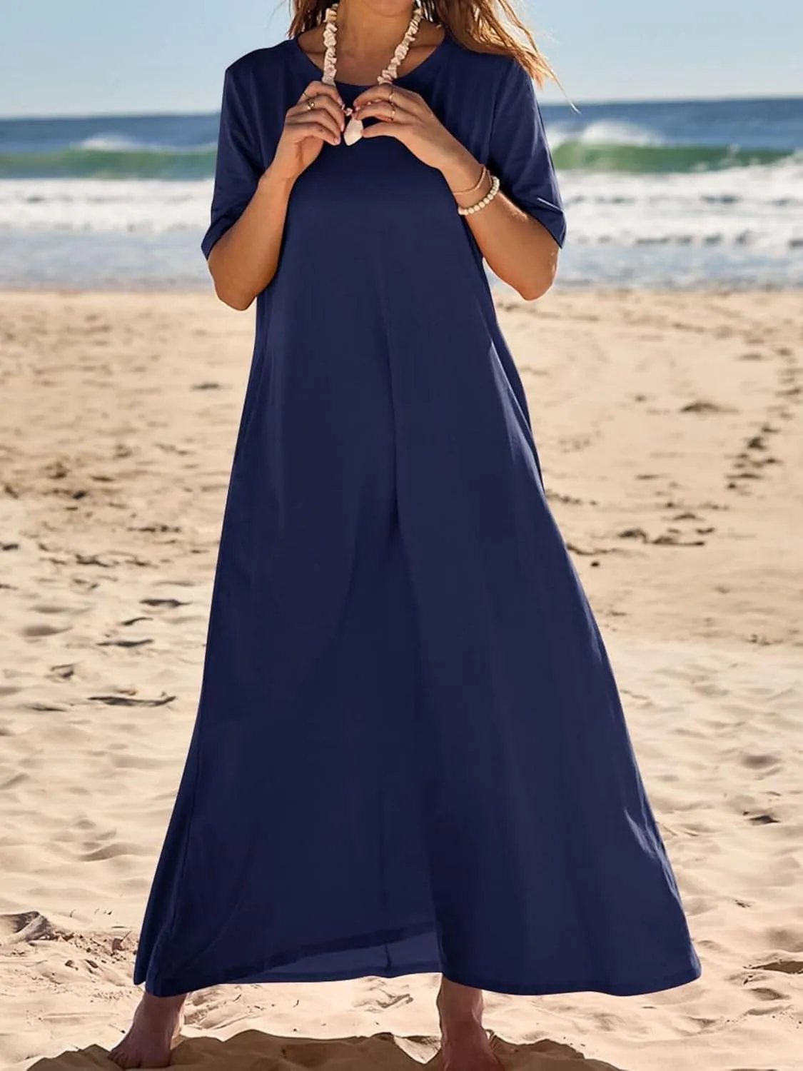 Women's T Shirt Dress Summer Casual Maxi Dress Long T Shirt Dresses Elegant Short Sleeve Round Neck Dresses with Pocket