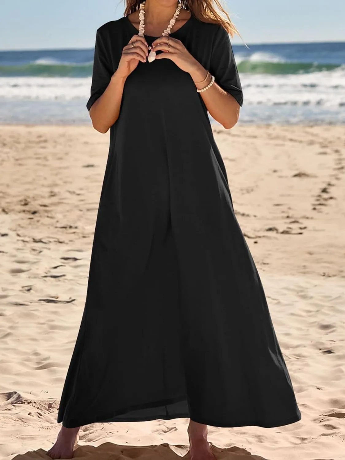 Women's T Shirt Dress Summer Casual Maxi Dress Long T Shirt Dresses Elegant Short Sleeve Round Neck Dresses with Pocket