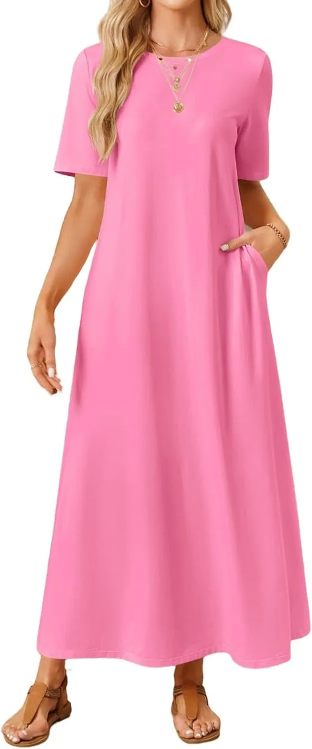 Women's T Shirt Dress Summer Casual Maxi Dress Long T Shirt Dresses Elegant Short Sleeve Round Neck Dresses with Pocket