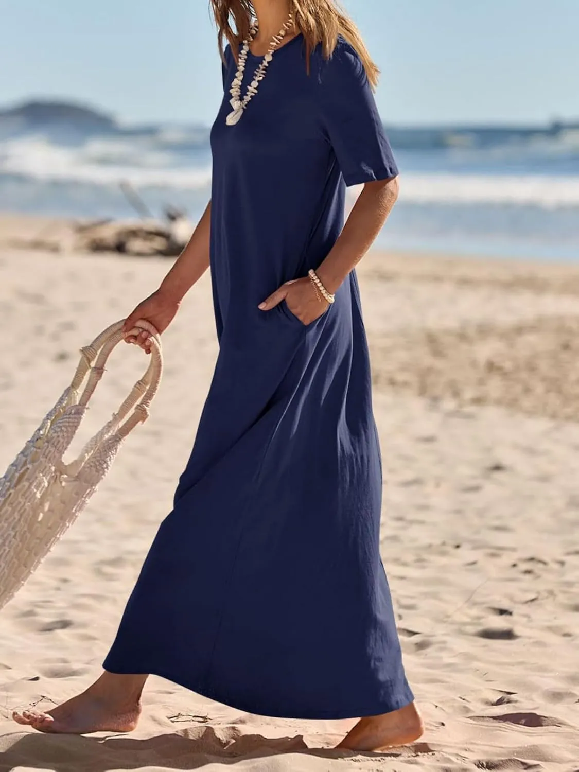 Women's T Shirt Dress Summer Casual Maxi Dress Long T Shirt Dresses Elegant Short Sleeve Round Neck Dresses with Pocket