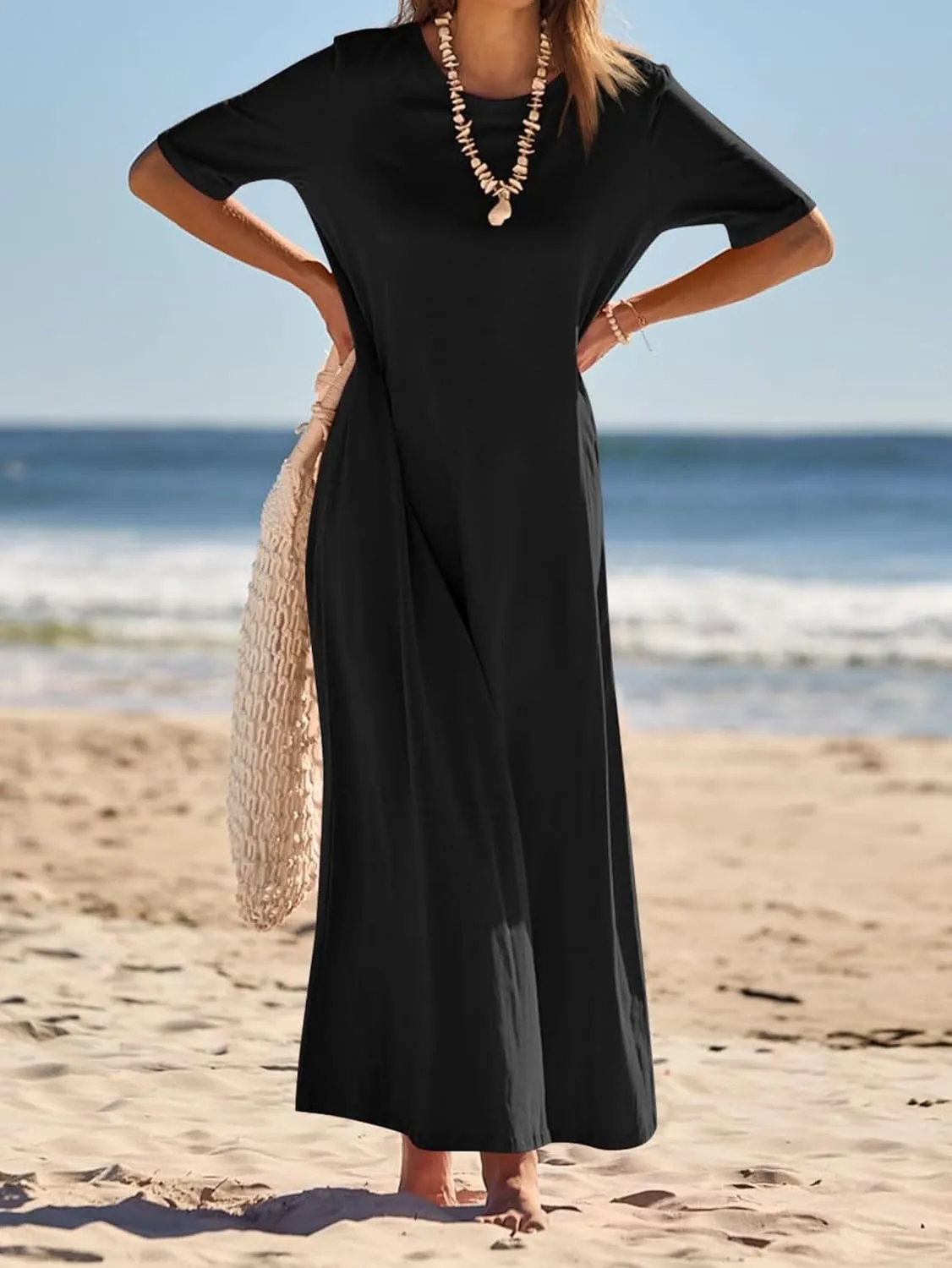Women's T Shirt Dress Summer Casual Maxi Dress Long T Shirt Dresses Elegant Short Sleeve Round Neck Dresses with Pocket