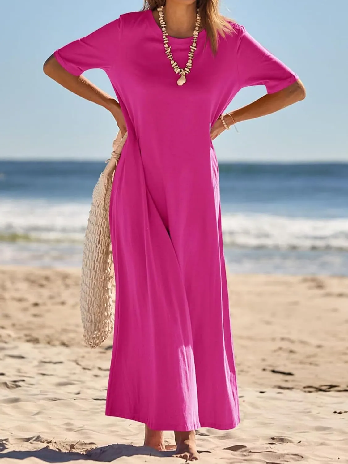 Women's T Shirt Dress Summer Casual Maxi Dress Long T Shirt Dresses Elegant Short Sleeve Round Neck Dresses with Pocket
