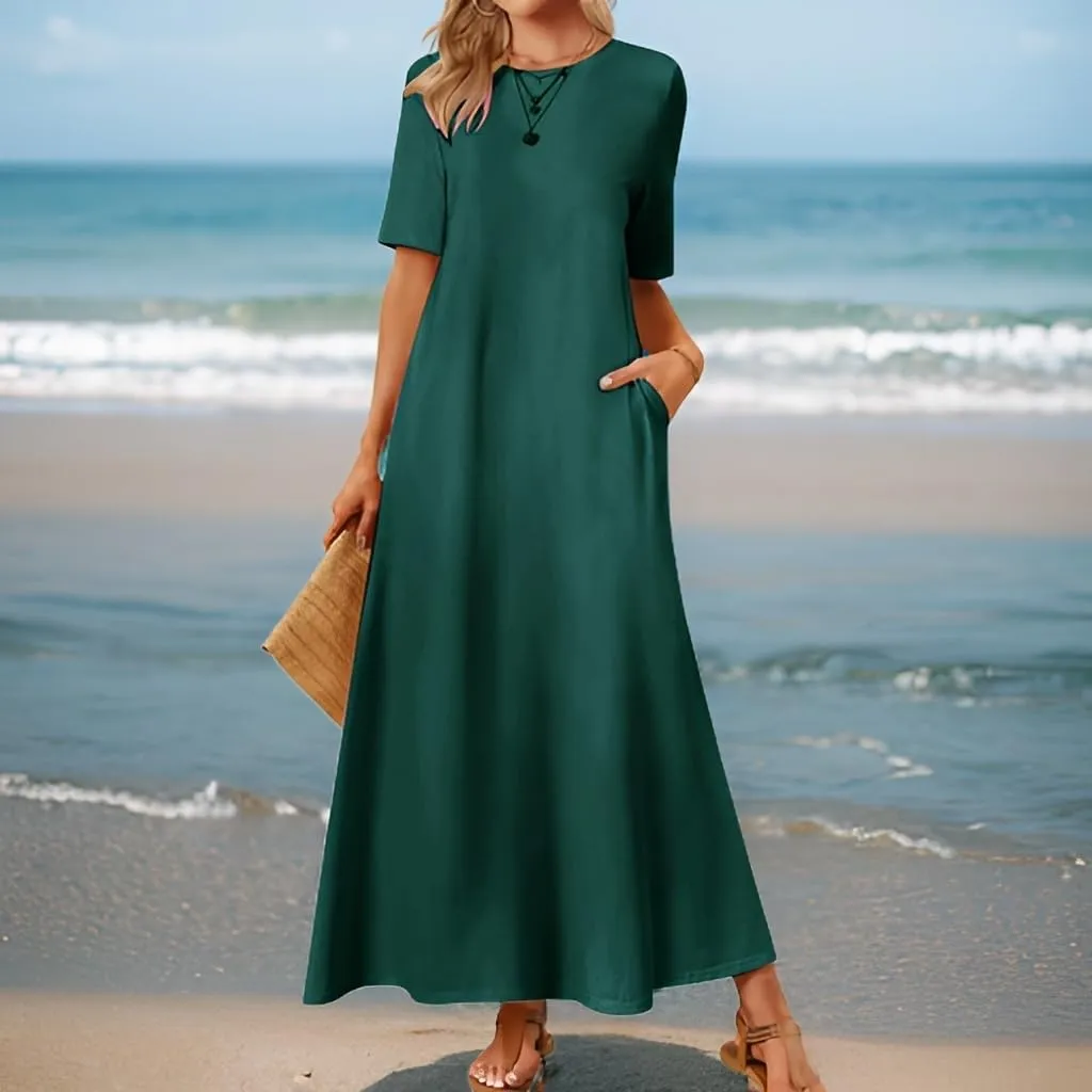 Women's T Shirt Dress Summer Casual Maxi Dress Long T Shirt Dresses Elegant Short Sleeve Round Neck Dresses with Pocket