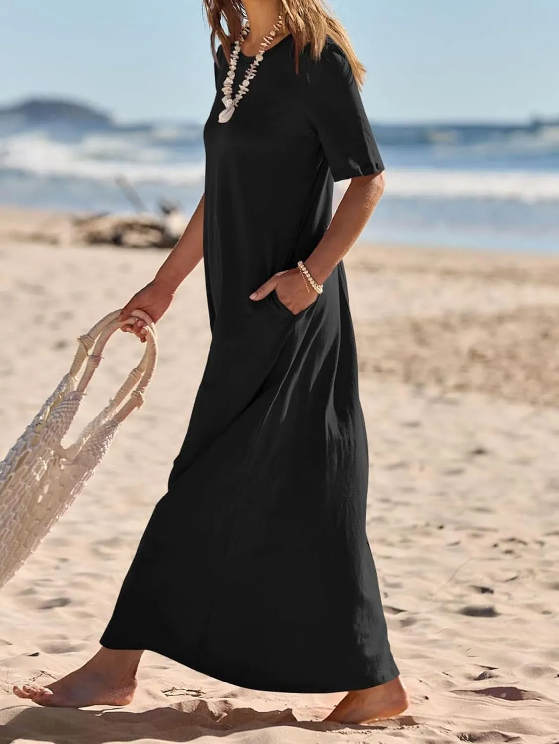 Women's T Shirt Dress Summer Casual Maxi Dress Long T Shirt Dresses Elegant Short Sleeve Round Neck Dresses with Pocket