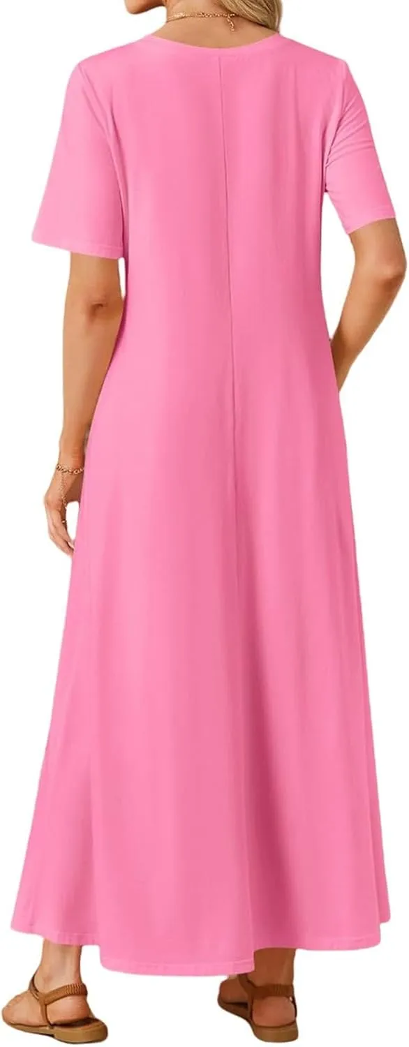 Women's T Shirt Dress Summer Casual Maxi Dress Long T Shirt Dresses Elegant Short Sleeve Round Neck Dresses with Pocket