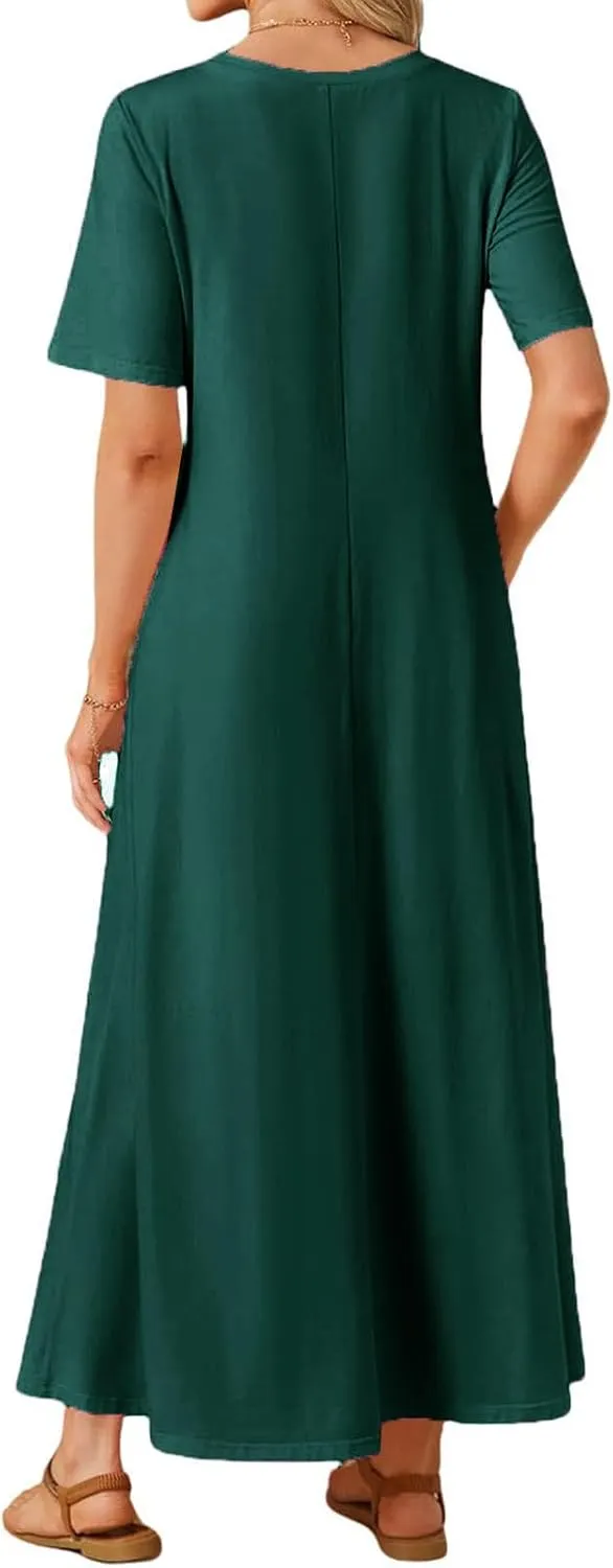 Women's T Shirt Dress Summer Casual Maxi Dress Long T Shirt Dresses Elegant Short Sleeve Round Neck Dresses with Pocket