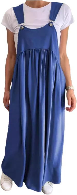 Womens Tank Dresses Cotton Linen Bib Overall Dress Casual Baggy Sleeveless Pleated Maxi Dress Beach Sundress