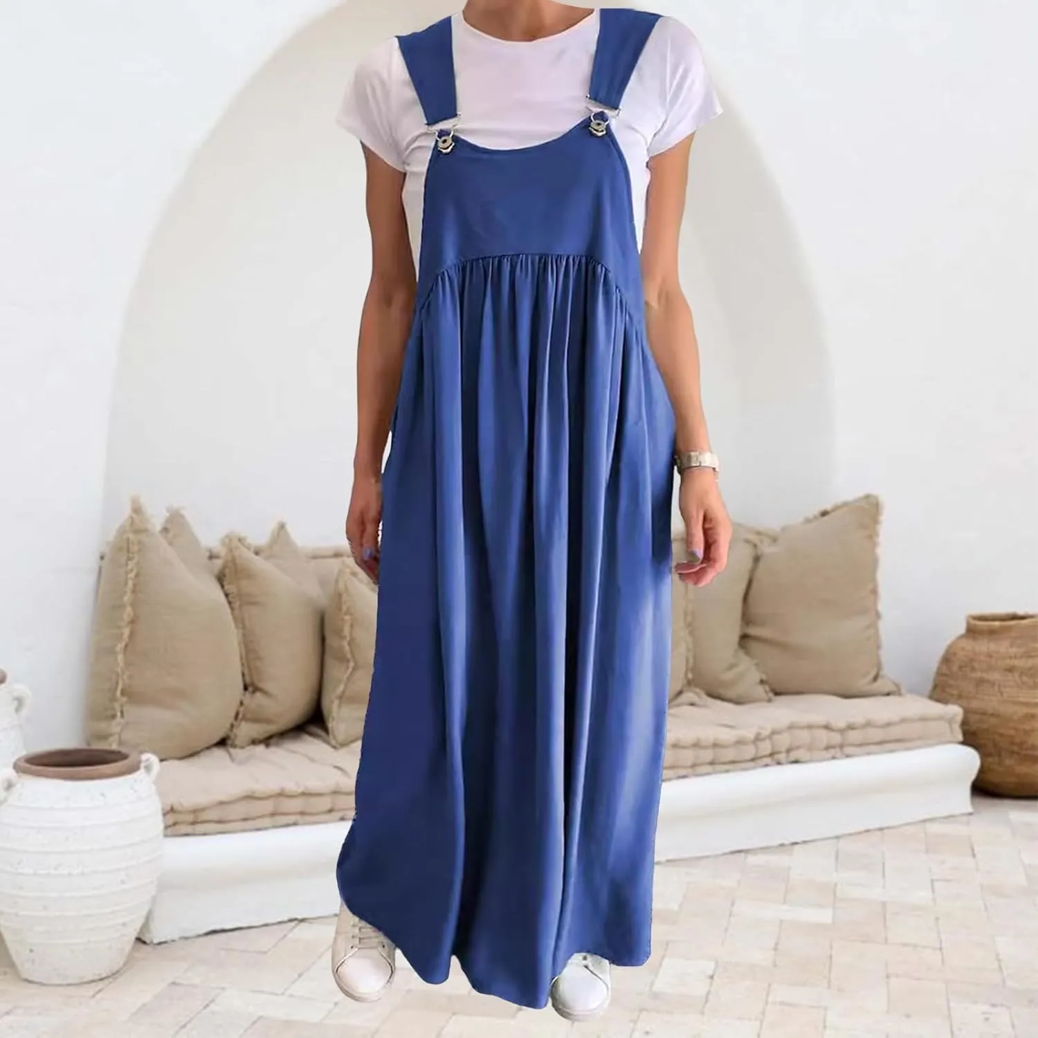 Womens Tank Dresses Cotton Linen Bib Overall Dress Casual Baggy Sleeveless Pleated Maxi Dress Beach Sundress