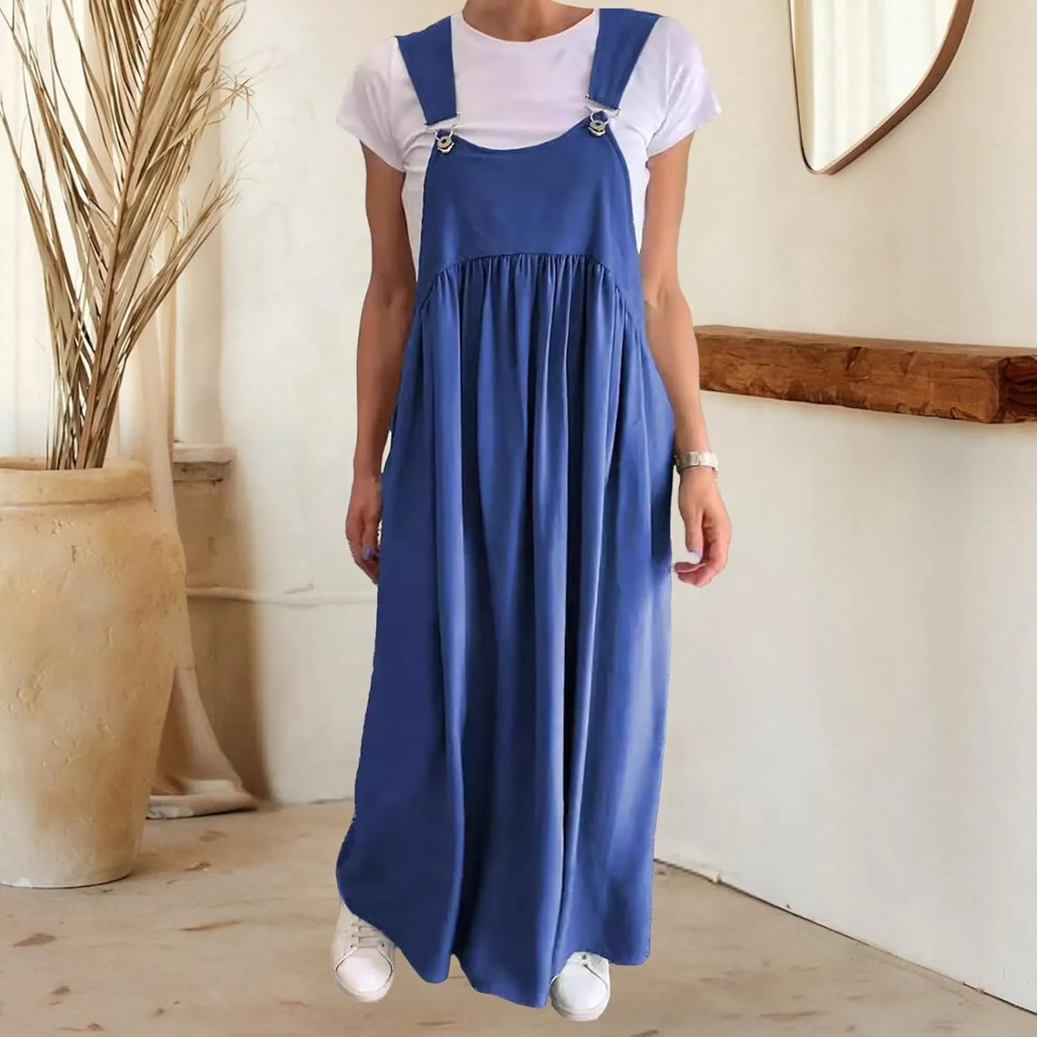 Womens Tank Dresses Cotton Linen Bib Overall Dress Casual Baggy Sleeveless Pleated Maxi Dress Beach Sundress