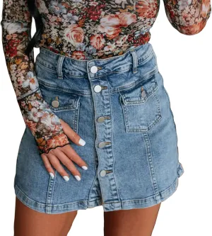 Women's Trendy High Waist Stretch Denim Shorts Button Front Wrap Jean Shorts