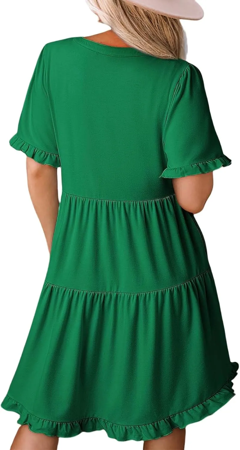 Women's V Neck Tunic Dresses Ruffle Sleeve A Line Tiered Flowy Swing Shift Dress Mini Loose Fit Dress Sundress 2025