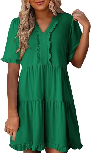 Women's V Neck Tunic Dresses Ruffle Sleeve A Line Tiered Flowy Swing Shift Dress Mini Loose Fit Dress Sundress 2025