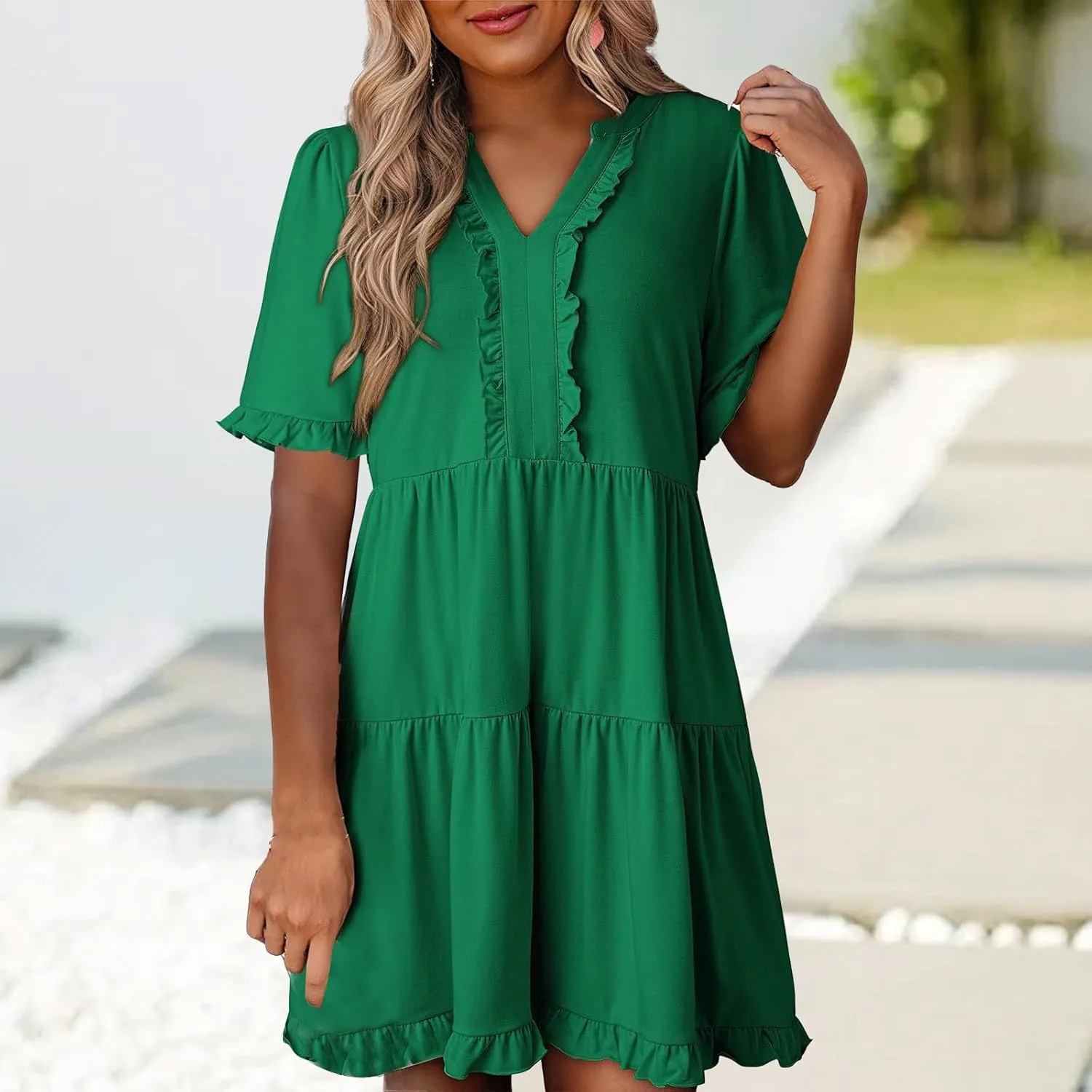 Women's V Neck Tunic Dresses Ruffle Sleeve A Line Tiered Flowy Swing Shift Dress Mini Loose Fit Dress Sundress 2025