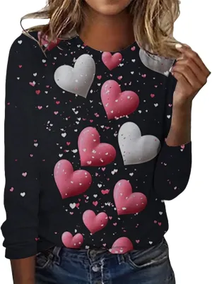 Womens Valentines Shirt Love Heart Print Long Sleeve Crewneck Sweatshirt Loose Casual Fit Basic 2025 Spring Pullover
