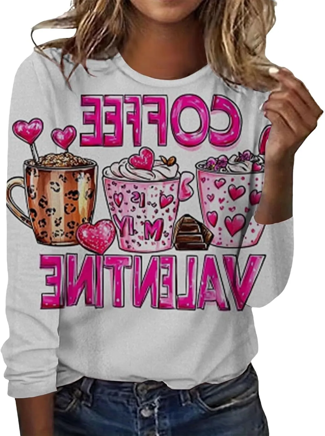 Womens Valentines Shirt Love Heart Print Long Sleeve Crewneck Sweatshirt Loose Casual Fit Basic 2025 Spring Pullover