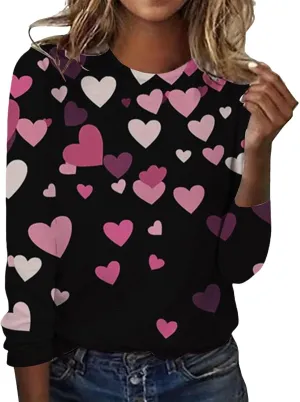 Womens Valentines Shirt Love Heart Print Long Sleeve Crewneck Sweatshirt Loose Casual Fit Basic 2025 Spring Pullover