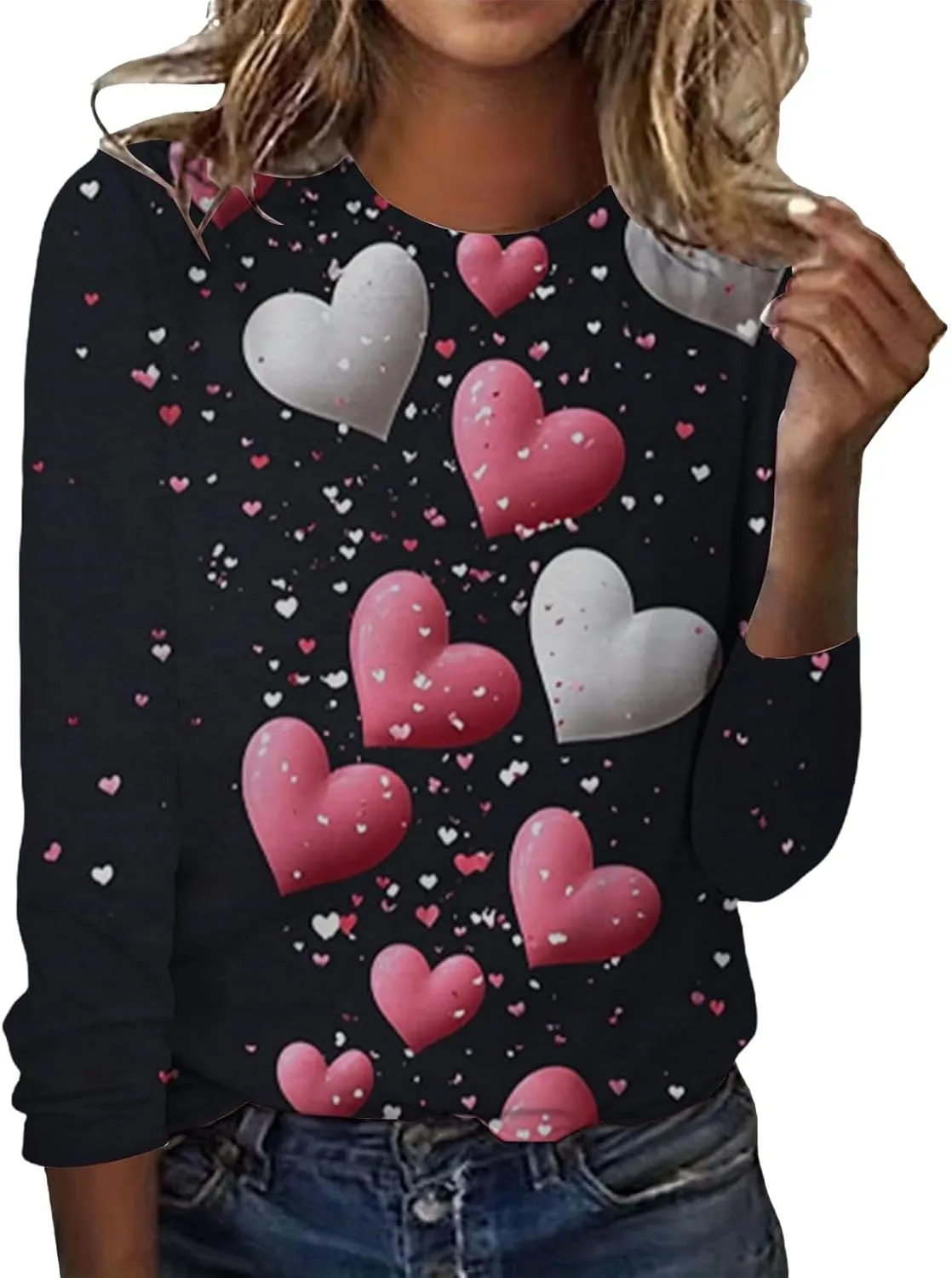Womens Valentines Shirt Love Heart Print Long Sleeve Crewneck Sweatshirt Loose Casual Fit Basic 2025 Spring Pullover