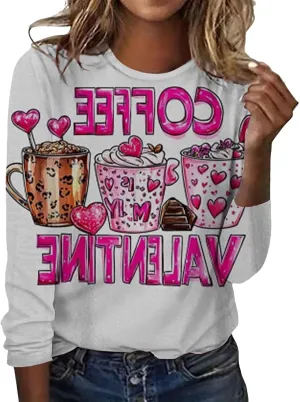 Womens Valentines Shirt Love Heart Print Long Sleeve Crewneck Sweatshirt Loose Casual Fit Basic 2025 Spring Pullover