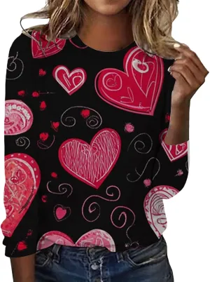 Womens Valentines Shirt Love Heart Print Long Sleeve Crewneck Sweatshirt Loose Casual Fit Basic 2025 Spring Pullover