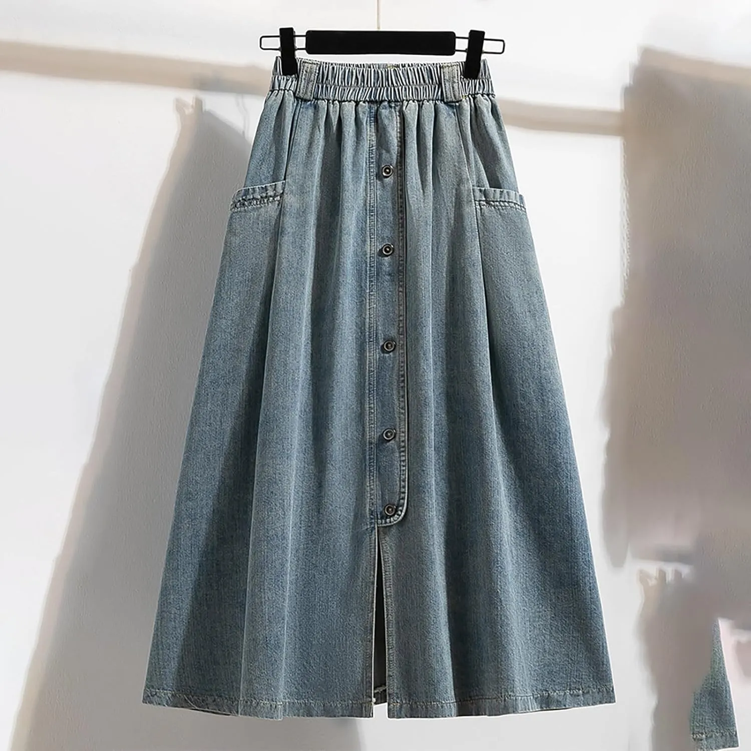 Womens Vintage Button Front Denim Skirt Elastic Waist A-Line Midi Long Flowy Pleated Jean Skirt with Pockets