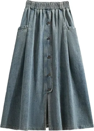 Womens Vintage Button Front Denim Skirt Elastic Waist A-Line Midi Long Flowy Pleated Jean Skirt with Pockets