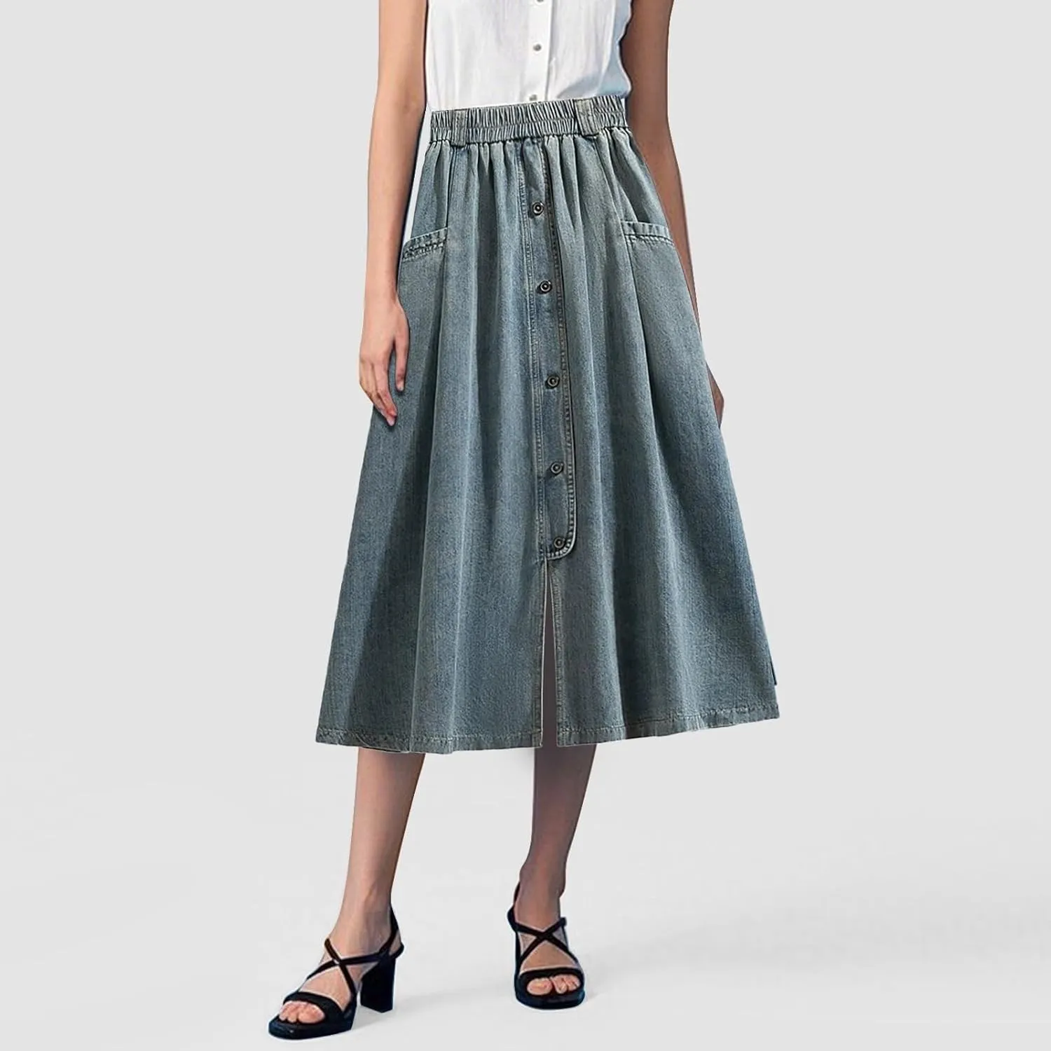 Womens Vintage Button Front Denim Skirt Elastic Waist A-Line Midi Long Flowy Pleated Jean Skirt with Pockets