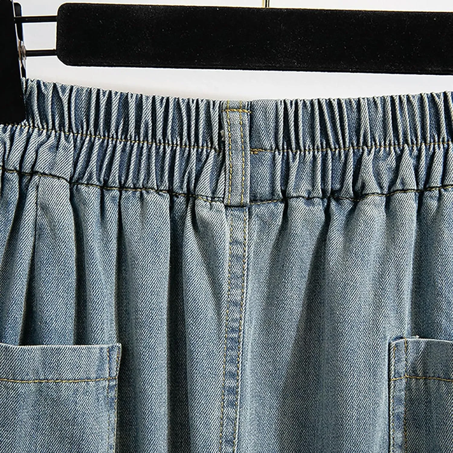 Womens Vintage Button Front Denim Skirt Elastic Waist A-Line Midi Long Flowy Pleated Jean Skirt with Pockets