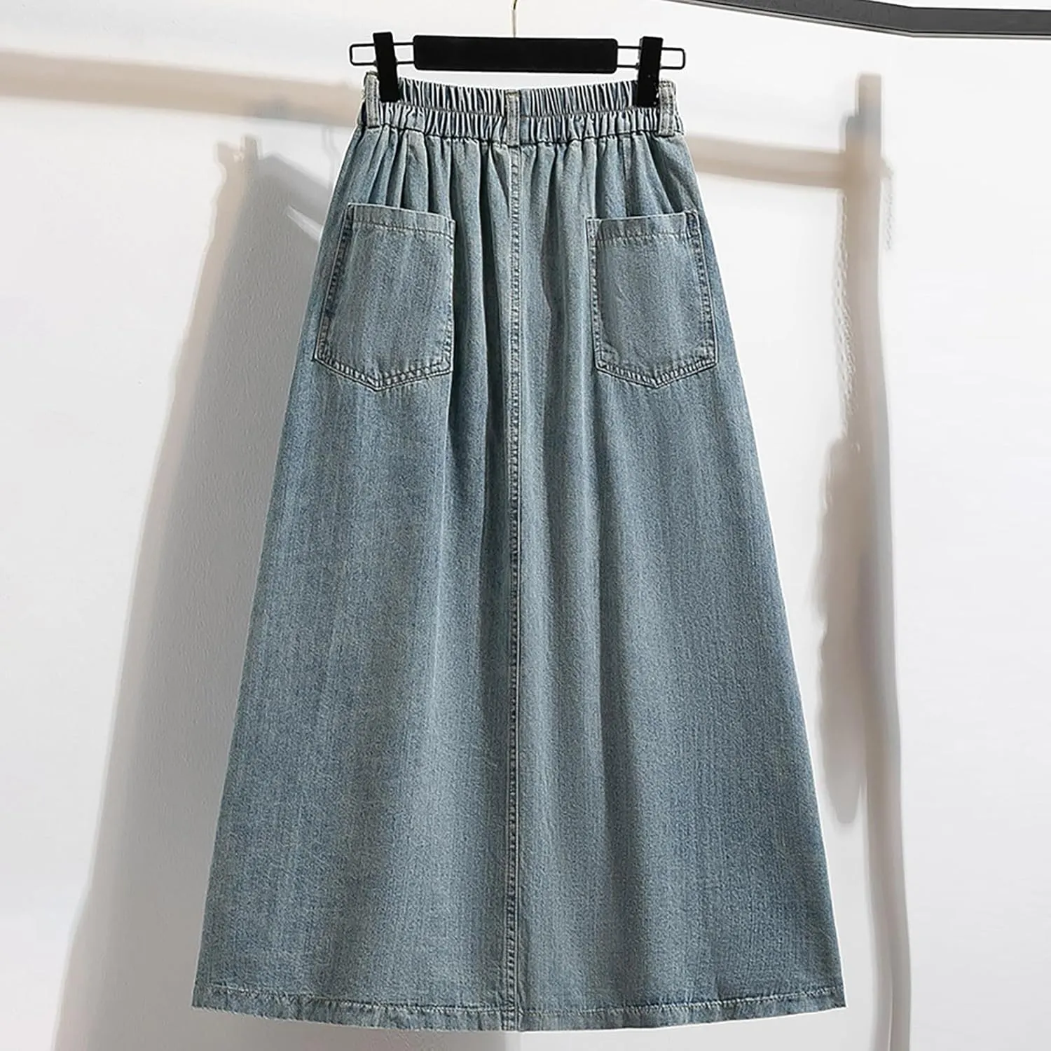 Womens Vintage Button Front Denim Skirt Elastic Waist A-Line Midi Long Flowy Pleated Jean Skirt with Pockets