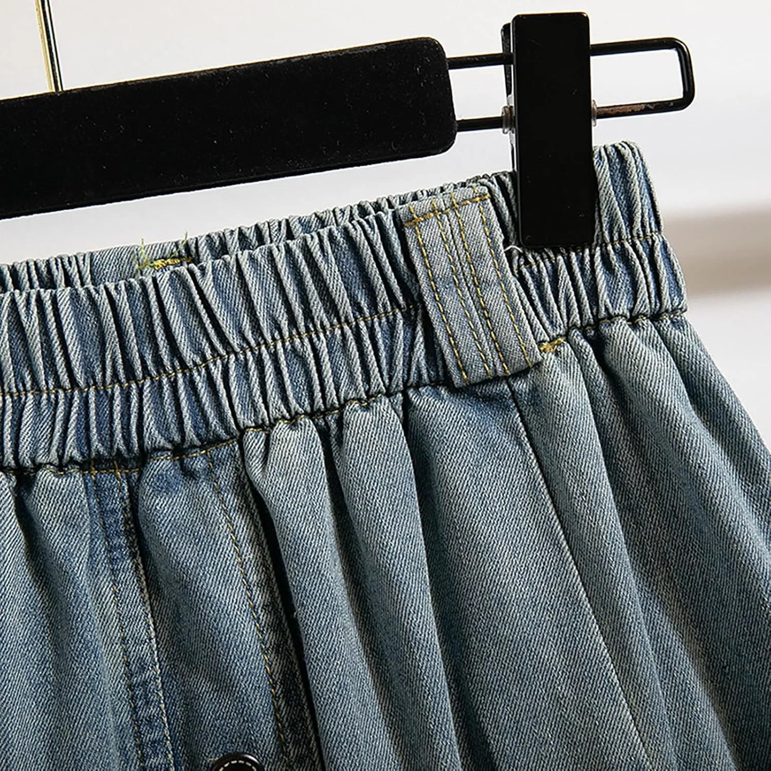 Womens Vintage Button Front Denim Skirt Elastic Waist A-Line Midi Long Flowy Pleated Jean Skirt with Pockets